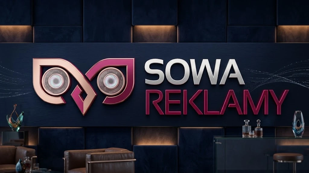 Ekskluzywne podświetlane logo SOWA Reklamy 3D w nowoczesnym biurze